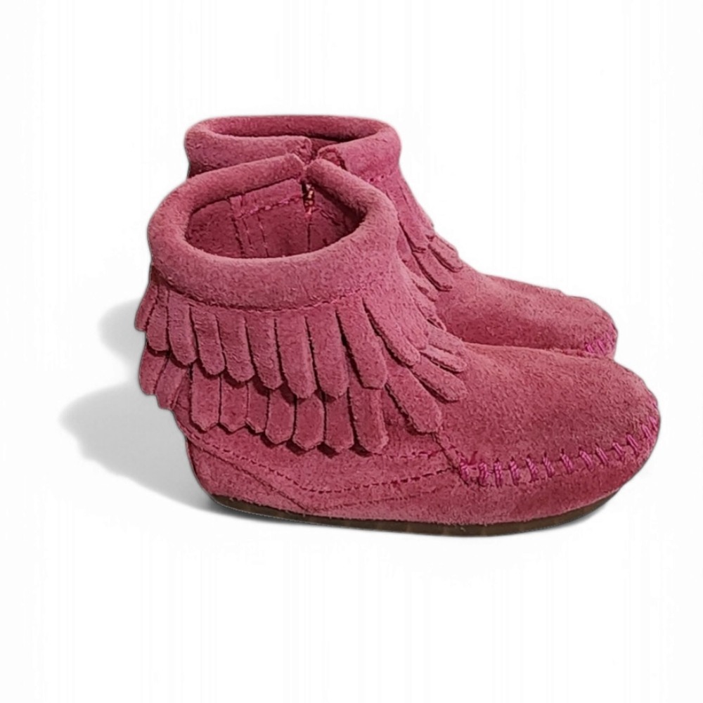 Toddler Fringe Minnetonka Moccasin Boots- Pink, Size 2, Side Zip